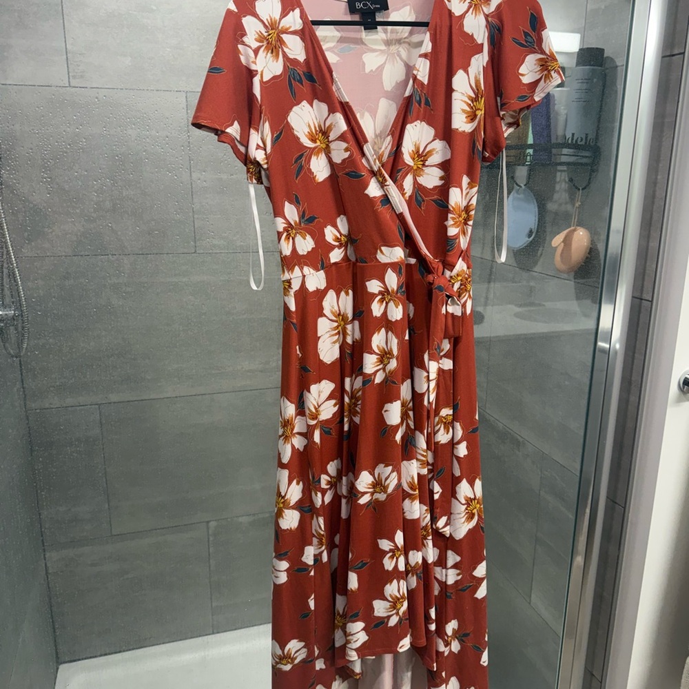 BCX Women's Floral Wrap Dress - burnt orange